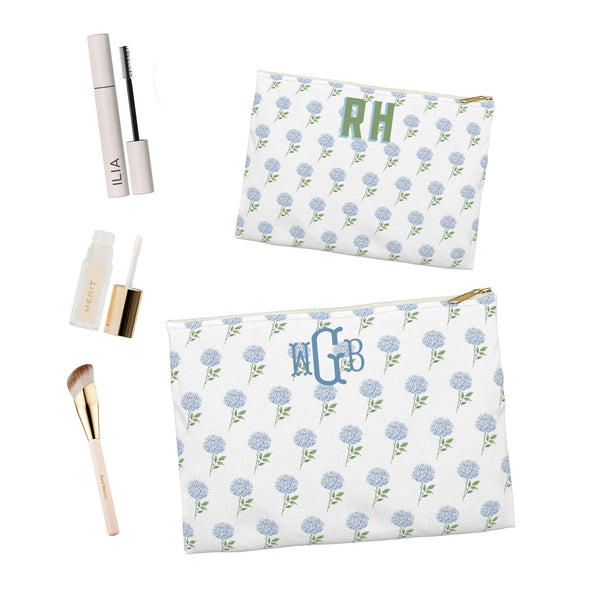 Canvas Zip Monogrammed Blue Hydrangea Pattern - Accessory Pouch Zip Closure Available in Two Sizes